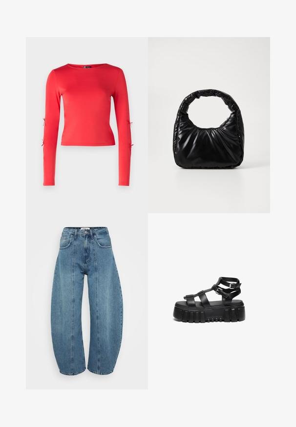 Rotes Langarmoberteil aus glattem Material. Verfügt über einen runden Ausschnitt und Bindebänder an den äußeren Ärmeln für eine verstellbare Passform.; Helle blaue, hoch geschnittene Jeans aus Denim mit weitem Bein, fünf Taschen und Nähdetails. Glatte Textur mit sauberem Finish.; Schwarze Plateausandalen verfügen über geschichtete Riemen und Schnallenakzente, mit einer klobigen, strukturierten Sohle und einem glatten Fußbett-Design.; Schwarze gepolsterte Handtasche mit einem runden Griff, die eine glatte, glänzende Oberfläche und eine weiche, gestepfte Textur aufweist. Keine sichtbare Hardware oder Akzente.