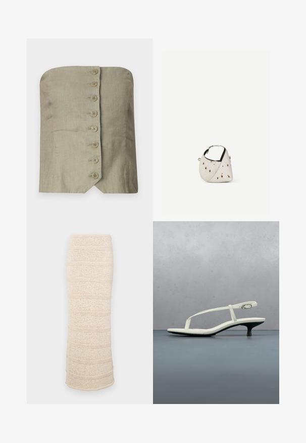Top sans bretelles en lin vert clair avec un décolleté droit, comportant six grands boutons ronds sur le devant et un ourlet pointu.; Jupe midi tricotée en beige clair avec des rayures texturées horizontales. Silhouette ajustée, tissu doux et ourlet légèrement ouvert en bas.; Sandale blanche à talon kitten avec des lanières et un bout pointu, flottant au-dessus d'un sol en carrelage en bois en plein air avec un arrière-plan flou de plante et de mur.; Petit sac à main blanc avec des taches marron, forme triangulaire arrondie, doublure intérieure noire et bandoulière courte réglable avec boucle argentée.