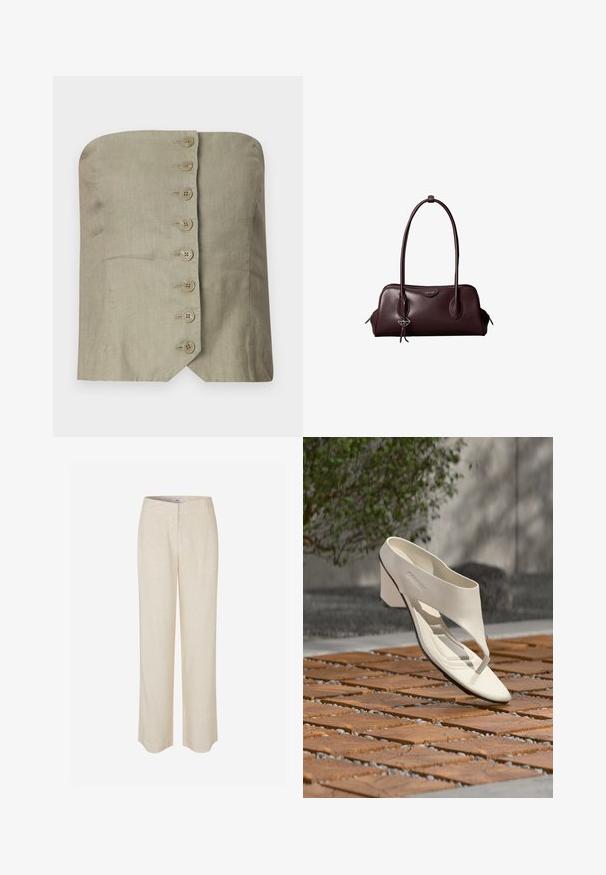 Top sans bretelles en lin vert clair avec un décolleté droit, comportant six grands boutons ronds sur le devant et un ourlet pointu.; Pantalon en lin beige à coupe droite, avec une texture lisse et un léger éclat. Comprend une ceinture et des poches avant discrètes.; Sandale à talon en cuir blanc avec une large bride et un entre-doigts, exposée en extérieur sur une surface carrelée en bois et en gravier avec de la verdure en arrière-plan.; Sac à main en cuir brun foncé Calvin Klein avec de longues poignées doubles et un petit porte-clé logo suspendu à une poignée.