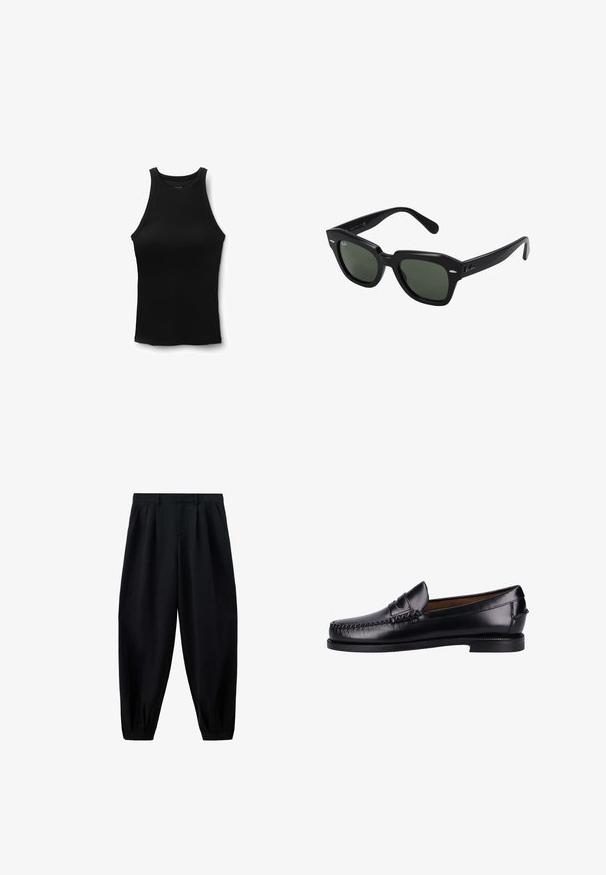 Camiseta sin mangas negra acanalada con cuello alto redondo, corte ajustado, mostrada extendida sobre fondo blanco.; Pantalones negros de cintura alta y corte cónico con pliegues en la cintura y los bajos, y bolsillos laterales, mostrados sobre un fondo blanco.; Mocasines de cuero negro con un acabado suave, puntera redondeada, costura decorativa y un tacón bajo. El diseño es minimalista sin herrajes visibles.; Gafas de sol cuadradas negras con lentes verde oscuro, con montura audaz y acentos plateados en los laterales. Fabricadas en Italia.