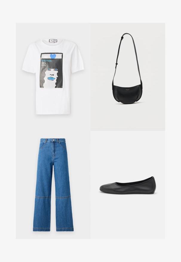 T-shirt en coton blanc avec un imprimé graphique d'un visage aux lèvres et aux yeux bleus, encadré par un bord noir et un détail en forme de cœur bleu.; Jean en denim bleu à jambe large et taille haute, avec des coutures doubles au niveau des genoux et une finition en tissu texturé.; Ballerines en cuir noir avec un bout rond, texture lisse, détails de couture minimalistes et design de semelle flexible.; Sac bandoulière en cuir noir en forme de croissant avec bandoulière réglable et petit logo doré au centre avant.