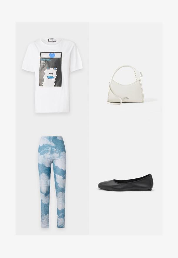 Hvid bomulds t-shirt med et grafisk print af et ansigt med blå læber og øjne, indrammet af en sort kant og detaljer i blå hjerte.; Leggings med en blå denim baggrund og hvide sky mønstre. Stoffet synes strækbart med en tætsiddende design og ankel længde.; Sort læderballetsko med rund tå, glat tekstur, minimal syning og et fleksibelt såldesign.; Hvid læder håndtaske med en buet form, udsmykket med små hvide nitter langs håndtaget. Har en lang rem og prægede logo foran.