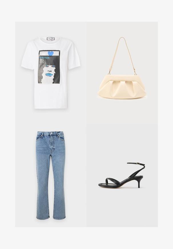 Hvid bomulds t-shirt med et grafisk print af et ansigt med blå læber og øjne, indrammet af en sort kant og detaljer i blå hjerte.; Lyseblå jeans i denimmateriale med høj talje, flagrende benform, fem-lomme design og kontrastsyninger.; Sort damesandal i læder med tynde remme, en tå-loop, ankelspænde og en mellemhøj stiletthæl på en neutral baggrund.; Cremefarvet læderhåndtaske med sammenrullede plisseringer, guldfarvet hardware og en enkelt tynd skulderrem på en ensfarvet baggrund.