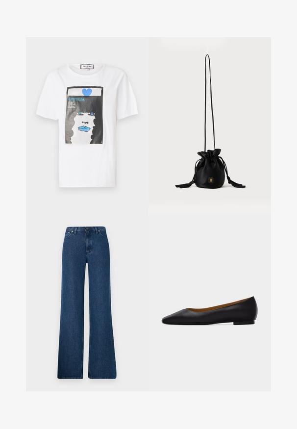 Hvid bomulds t-shirt med et grafisk print af et ansigt med blå læber og øjne, indrammet af en sort kant og detaljer i blå hjerte.; Blå denim flared jeans med høj talje, fem-lomme design og metalknaplukning. Glat tekstur, afslappet stil og minimal syning.; Sort læder flad sko med spids tå, lav hæl og glat finish, vist fra siden på en lysegrå baggrund.; Sort snørelukket bucket-taske med lang tynd rem og lille gyldent firkantet logo foran, vist mod en ensfarvet baggrund.