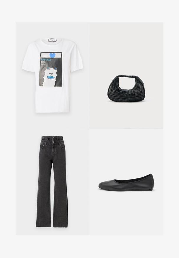 Hvid bomulds t-shirt med et grafisk print af et ansigt med blå læber og øjne, indrammet af en sort kant og detaljer i blå hjerte.; Sorte højtaljede jeans har en lige ben-design, subtile slidte detaljer og metalknap hardware i taljen.; Sort læderballetsko med rund tå, glat tekstur, minimal syning og et fleksibelt såldesign.; Sort flettet hobo-taske med blød struktur og integreret håndtag, vist på en ensfarvet lys baggrund.