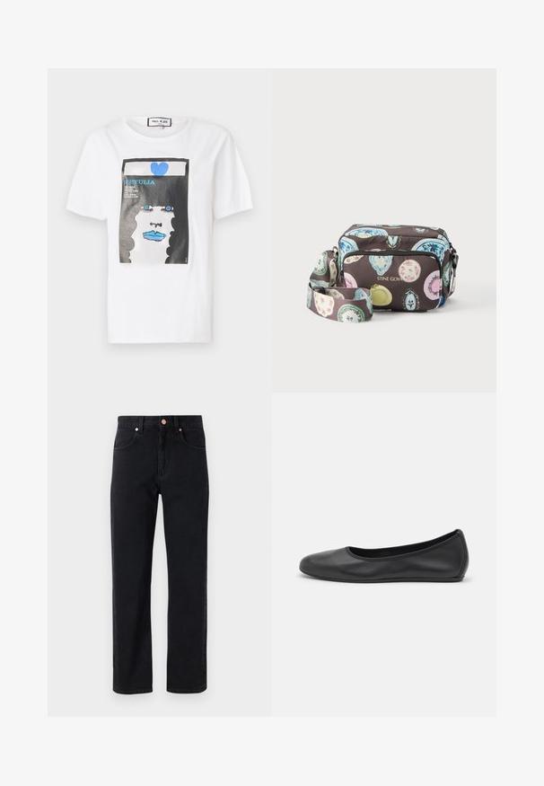 Weißes Baumwoll-T-Shirt mit einem grafischen Druck eines Gesichts mit blauen Lippen und Augen, umrahmt von einem schwarzen Rand und einem blauen Herzdetail.; Schwarze Jeans aus Denim mit geradem Bein, Fünf-Taschen-Design, Kupferknopfdetails und minimal sichtbaren Nähten.; Schwarze Leder-Ballettschuhe mit abgerundeter Spitze, glatter Textur, minimalen Nähdetails und einem flexiblen Sohlen-Design.; Umhängetasche mit bunten Ovalmustern auf dunklem Hintergrund, Vordertasche mit Reißverschluss und verstellbarem Riemen, mit dem Schriftzug "STINE GOYA" in goldenen Buchstaben.