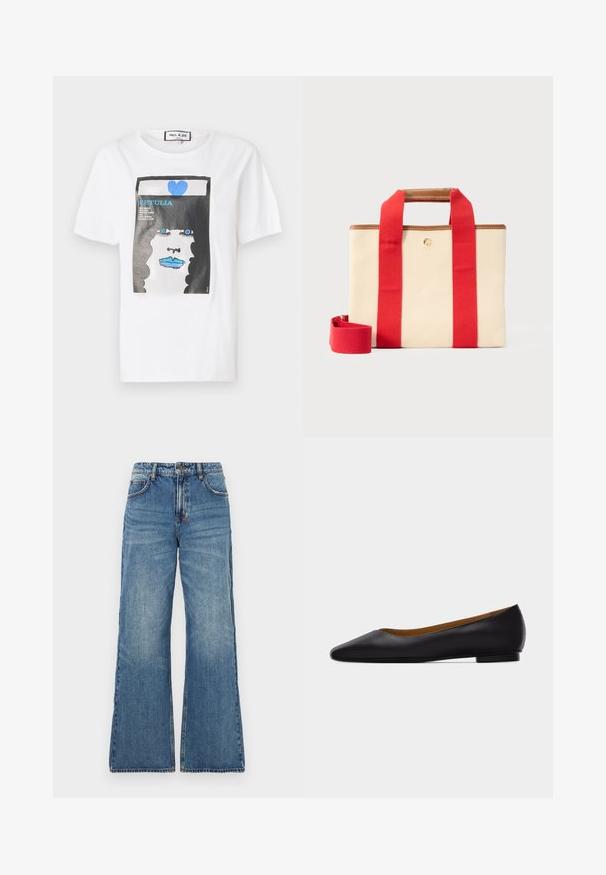 Valge puuvillane T-särk, millel on graafiline print näost siniste huulte ja silmadega, raamitud musta piiri ning sinise südame detailiga.; Heledad sinine denim, mille kõrge vöökoht, laiad flared säärtega ja klassikaline viie taskuga disain. Kergelt pleekinud tekstuur koos nähtavate õmbluste detailidega.; Mustast nahast terava ninaga madala kontsaga tasasel tallal king, nähtud küljelt helehallil taustal.; Beežist ristkülikukujuline lõuendist poekott laiade punaste rihmade, pruuni nahkkaunistuse ja eemaldatava punase õlarihmaga helel taustal.