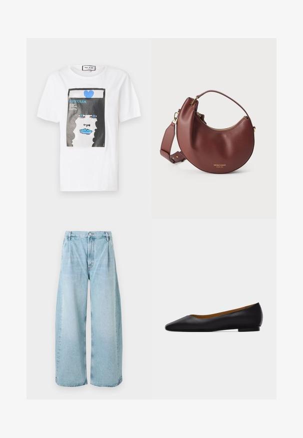 Hvid bomulds t-shirt med et grafisk print af et ansigt med blå læber og øjne, indrammet af en sort kant og detaljer i blå hjerte.; Lysblå vide denimbukser med plisseringer foran, en knaplukning og lige afslutninger, med en falmet tekstur hele vejen igennem.; Sort læder flad sko med spids tå, lav hæl og glat finish, vist fra siden på en lysegrå baggrund.; Brun læder håndtaske i halvmåneform med gylden lynlås og justerbar skulderrem på hvid baggrund.