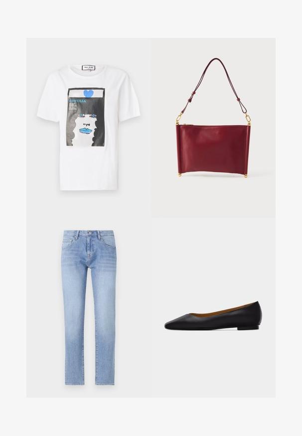 Witte katoen t-shirt met een grafische print van een gezicht met blauwe lippen en ogen, omrand door een zwarte rand en blauwe hartdetails.; Lichtblauwe denim jeans met een recht model, vijf-pocketontwerp en lichte wassing. Beschikt over een knoopsluiting en standaard ceintuurlussen.; Zwarte leren puntschoen met lage hak en gladde afwerking, zijaanzicht op een lichtgrijze achtergrond.; Handtas van bordeauxrood leer met een rechthoekige vorm, gouden metalen accenten, ritssluiting en een smalle schouderriem. Glad oppervlak.