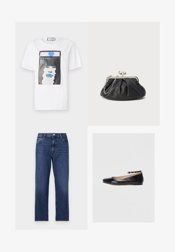 T-shirt en coton blanc avec un imprimé graphique d'un visage aux lèvres et aux yeux bleus, encadré par un bord noir et un détail en forme de cœur bleu.; Jean en denim dans un lavage bleu foncé. Design à jambe droite avec une finition à cinq poches, fermeture par bouton à l'avant et détails de couture contrastés.; Ballerines noires en cuir avec un bout rond, une bride à la cheville et un petit talon. Texture lisse et design minimaliste.; Porte-monnaie en cuir noir avec texture froncée, cadre en métal argenté, fermeture à verrouillage kiss-lock et bandoulière en chaîne. Surface lisse et douce.