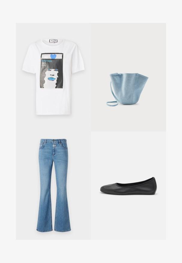 Hvid bomulds t-shirt med et grafisk print af et ansigt med blå læber og øjne, indrammet af en sort kant og detaljer i blå hjerte.; CLOSED JOVANNA - Jeans Bootcut - light blue; Sort læderballetsko med rund tå, glat tekstur, minimal syning og et fleksibelt såldesign.; Lyseblå stofhåndtaske med lang strop, bred åbning øverst og stikninger i lodrette sømme, sat mod en ensfarvet hvid baggrund.