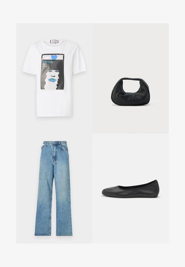 Camiseta de algodón blanca con un estampado gráfico de una cara con labios y ojos azules, enmarcada por un borde negro y un detalle de corazón azul.; Jeans de mezclilla de color azul claro, de pierna ancha, con una cintura de altura media, cinco bolsillos y un cierre de botón con herrajes metálicos y un acabado desgastado.; Bailarina de piel negra con punta redondeada, textura suave, detalle de costura minimalista y diseño de suela flexible.; Bolso hobo tejido negro con estructura suave y asa integrada, exhibido sobre un fondo liso y claro.