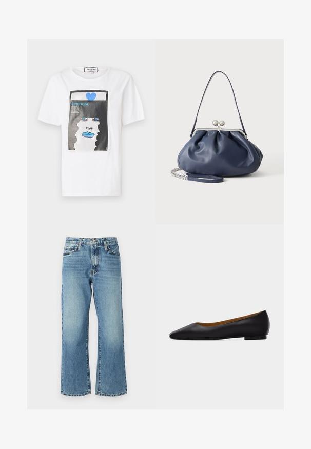 T-shirt en coton blanc avec un imprimé graphique d'un visage aux lèvres et aux yeux bleus, encadré par un bord noir et un détail en forme de cœur bleu.; Jeans en denim bleu clair avec une coupe large, cinq poches et une fermeture à bouton. Le tissu présente un léger délavage et une texture classique.; Chaussure plate en cuir noir à bout pointu avec talon bas et finition lisse, vue de côté sur un fond gris clair.; Sac à main en cuir bleu marine doux avec fermeture à boucle argentée, une seule bandoulière, et une chaîne de poignet amovible sur fond blanc.