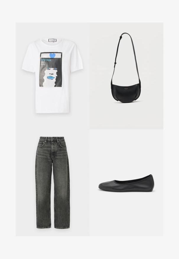 Hvid bomulds t-shirt med et grafisk print af et ansigt med blå læber og øjne, indrammet af en sort kant og detaljer i blå hjerte.; Won Hundred ALEXANDRA - Jeans Relaxed Fit - tinted black; Sort læderballetsko med rund tå, glat tekstur, minimal syning og et fleksibelt såldesign.; Sort læder crossbody-taske i halvmåneform med justerbar rem og lille guldlogo foran i midten.