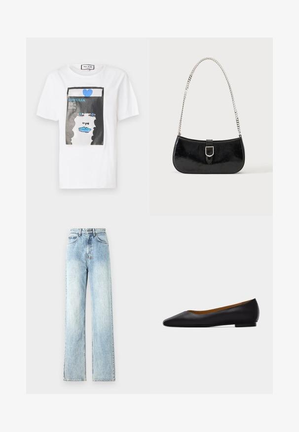 Hvid bomulds t-shirt med et grafisk print af et ansigt med blå læber og øjne, indrammet af en sort kant og detaljer i blå hjerte.; Lysblå denim wide-leg jeans med høj talje, med slidte områder, kontrastsyninger og rå kanter ved kanten.; Sort læder flad sko med spids tå, lav hæl og glat finish, vist fra siden på en lysegrå baggrund.; Sort skuldertaske i laklæder med sølv spænde og sølv kæderem, vist mod en ensartet lys baggrund.