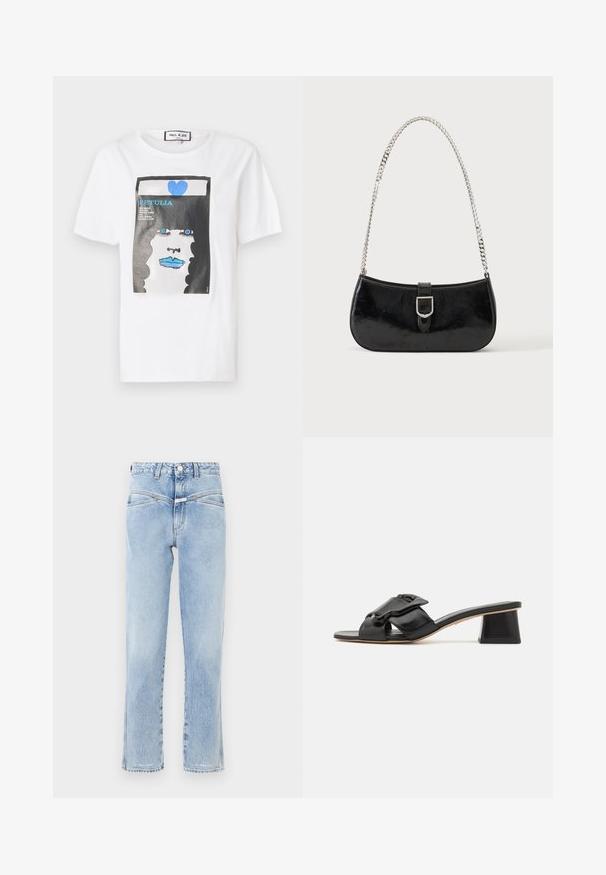 Weißes Baumwoll-T-Shirt mit einem grafischen Druck eines Gesichts mit blauen Lippen und Augen, umrahmt von einem schwarzen Rand und einem blauen Herzdetail.; Hellblaue Denim-Jeans mit hoher Taille und geradem Schnitt. Verfügt über dezente Ausbleichungen, klassisches Fünf-Taschen-Design und einen Metallknopfverschluss.; Schwarze Leder-Slidesandalen mit einem breiten Riemen und einer Kettendetail, offen an der Zehe und mit einem geometrischen hohen Absatz. Glatte Textur und minimalistisches Design.; Schwarze Schultertasche aus Lackleder mit silberner Schnalle und silbernem Kettenriemen, auf hellem einfarbigen Hintergrund präsentiert.