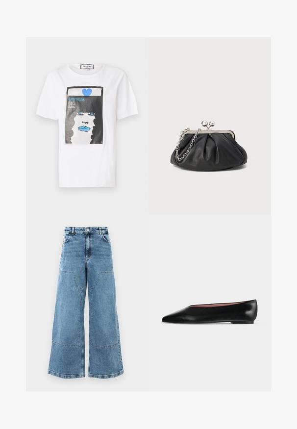 Witte katoen t-shirt met een grafische print van een gezicht met blauwe lippen en ogen, omrand door een zwarte rand en blauwe hartdetails.; Lichtblauwe denim wijde pijpen jeans met een hoge taille, grote voorkruiden en zichtbare stiksels. Beschikt over een klassieke vijf-pocketontwerp.; Zwarte leren damesschoen met platte zool, puntige neus en lage hak, zijwaarts afgebeeld tegen een effen lichtgrijze achtergrond.; Zwarte leren clutch met geplooide textuur, zilverkleurig metalen frame, drukknopsluiting en kettingriem. Glad, zacht oppervlak.