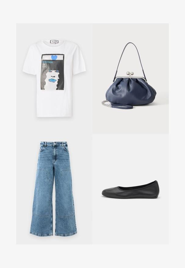 Witte katoen t-shirt met een grafische print van een gezicht met blauwe lippen en ogen, omrand door een zwarte rand en blauwe hartdetails.; Lichtblauwe denim wijde pijpen jeans met een hoge taille, grote voorkruiden en zichtbare stiksels. Beschikt over een klassieke vijf-pocketontwerp.; Zwarte leren ballerina met een ronde neus, gladde textuur, minimale stikdetails en een flexibele zoolontwerp.; Zachte navyblauwe leren handtas met zilveren sluiting, enkele schouderband en afneembare ketting polsband op witte achtergrond.