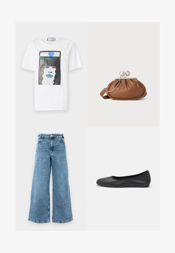 Witte katoen t-shirt met een grafische print van een gezicht met blauwe lippen en ogen, omrand door een zwarte rand en blauwe hartdetails.; Lichtblauwe denim wijde pijpen jeans met een hoge taille, grote voorkruiden en zichtbare stiksels. Beschikt over een klassieke vijf-pocketontwerp.; Zwarte leren ballerina met een ronde neus, gladde textuur, minimale stikdetails en een flexibele zoolontwerp.; Bruine leren clutch met een zilveren balsluiting en een klein zilveren kettingdetail op een witte achtergrond.