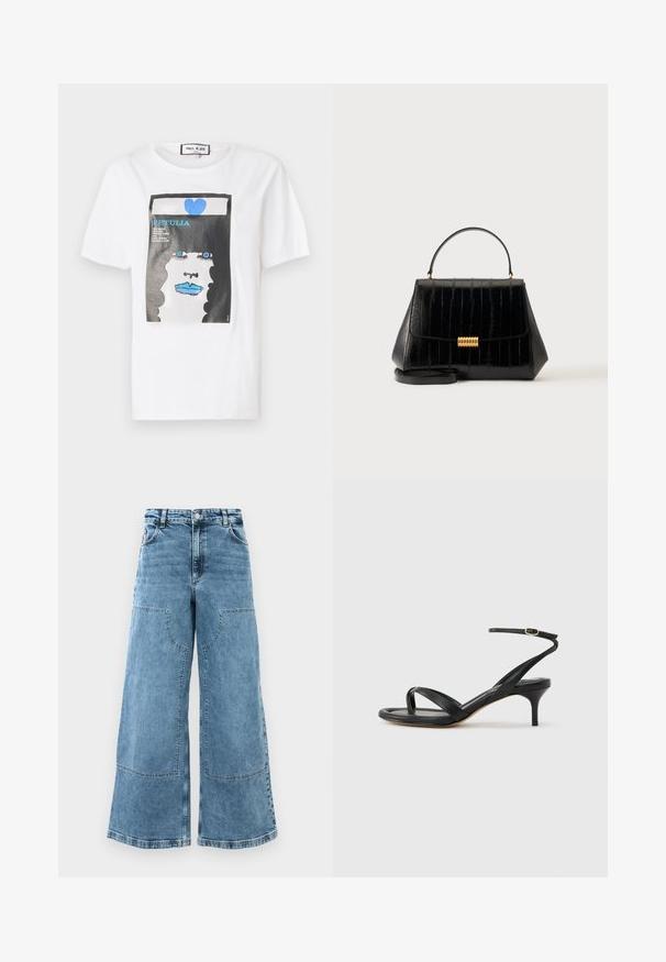 T-shirt en coton blanc avec un imprimé graphique d'un visage aux lèvres et aux yeux bleus, encadré par un bord noir et un détail en forme de cœur bleu.; Jean en denim bleu clair à jambes larges avec une taille haute, de grandes poches avant et des coutures visibles. Dispose d'un design classique à cinq poches.; Sandale pour femme en cuir noir avec fines lanières, une boucle d'orteil, une boucle à la cheville et un talon aiguille de hauteur moyenne sur un fond neutre.; Sac à main en cuir noir avec poignée supérieure, fermoir doré et bandoulière amovible sur un fond clair uni.