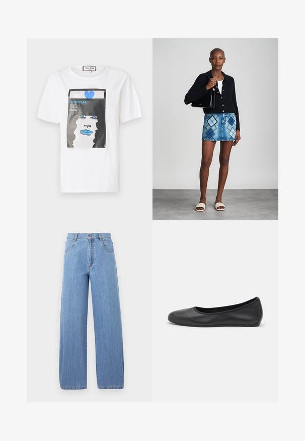 T-shirt en coton blanc avec un imprimé graphique d'un visage aux lèvres et aux yeux bleus, encadré par un bord noir et un détail en forme de cœur bleu.; Jeans en denim bleu clair à jambes larges, dotés d'une taille haute, de poches avant et de détails de couture subtils sur les coutures.; Ballerines en cuir noir avec un bout rond, texture lisse, détails de couture minimalistes et design de semelle flexible.; Un cardigan en maille noir, un haut blanc, une jupe en denim avec un motif de diamants bleus et noirs, un sac à main noir et des sandales à enfiler beiges.
