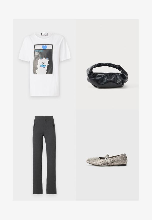 T-shirt en coton blanc avec un imprimé graphique d'un visage aux lèvres et aux yeux bleus, encadré par un bord noir et un détail en forme de cœur bleu.; Pantalon droit gris foncé avec poches latérales fendues et taille mi-haute.; Chaussure plate grise à bout rond, ornée de clous métalliques, avec une sangle latérale présentant un détail de boucle en argent. Texture lisse.; Sac noir en matériau texturé et brillant avec une poignée circulaire torsadée et une fermeture éclair. Présente un design doux et froissé.