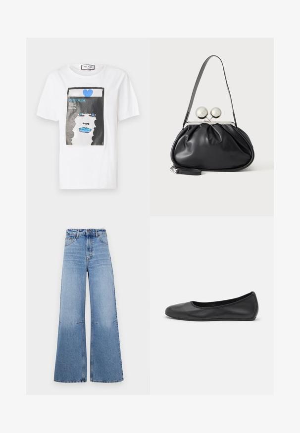 Weißes Baumwoll-T-Shirt mit einem grafischen Druck eines Gesichts mit blauen Lippen und Augen, umrahmt von einem schwarzen Rand und einem blauen Herzdetail.; Helle blaue weit geschnittene Jeans mit high waist, ausgestattet mit frontalen Taschen und Nahtdetails, die vertikal entlang der Beine verlaufen.; Schwarze Leder-Ballettschuhe mit abgerundeter Spitze, glatter Textur, minimalen Nähdetails und einem flexiblen Sohlen-Design.; Schwarze Ledertasche mit gerafftem Design, einem einzelnen Riemen, silbernem Metallrahmen und zwei großen runden silbernen Verschlüssen.