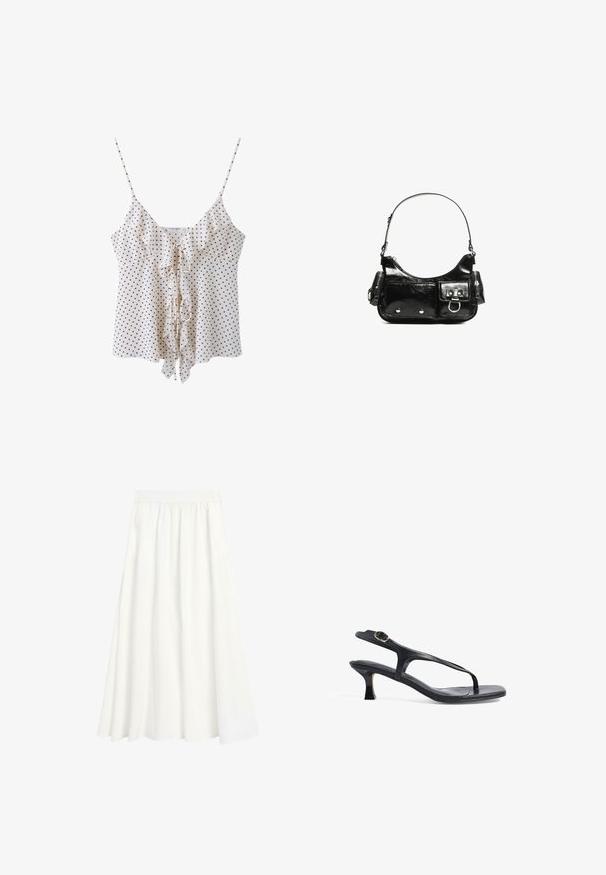 Witte mouwloze blouse met zwarte polkadots, dunne bandjes, V-hals en een vooraan geplooide detail, vastgebonden met een strik.; Witte, lange, vloeiende rok met elastische tailleband en zachte plooien, getoond op een effen achtergrond.; Zwarte leren sandaal met een slank ontwerp, dunne banden en een kleine hak. Bevat een gespaccent en een gladde, gestructureerde zool.; Zwarte laarzen in lakleer met een gebogen vorm, één schouderband, voorvakken en accenten in zilverkleurig metaal.