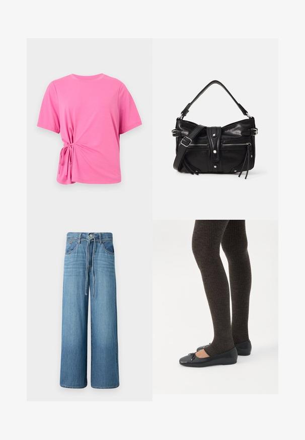 Kortærmet, lyserød t-shirt lavet af blødt stof, med en knudedetalje på venstre side for et rynket udseende.; Bredde ben jeans i lys blå denim. Har en knappelukning med snor i taljen, fem lommer og en let falmet finish.; Ben iført mørke ribbede leggings kombineret med sorte balletsko med små sløjfedetaljer på hvid baggrund.; Even&Odd by Zalando H24462 - Håndtasker - black
