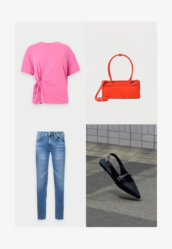 T-shirt à manches courtes rose en tissu doux, présentant un détail de nœud sur le côté gauche pour un effet froncé.; Jeans en denim bleu clair avec une coupe slim. Les caractéristiques incluent une fermeture à bouton, cinq poches et une texture froissée au niveau des cuisses.; Mocassin noir à bout pointu et bride arrière, avec double boucle, posé sur un asphalt gris près d'un mur carrelé en arrière-plan.; Petit sac à main rectangulaire orange avec double poignée, bandoulière longue amovible et détails à boucle sur un fond clair.