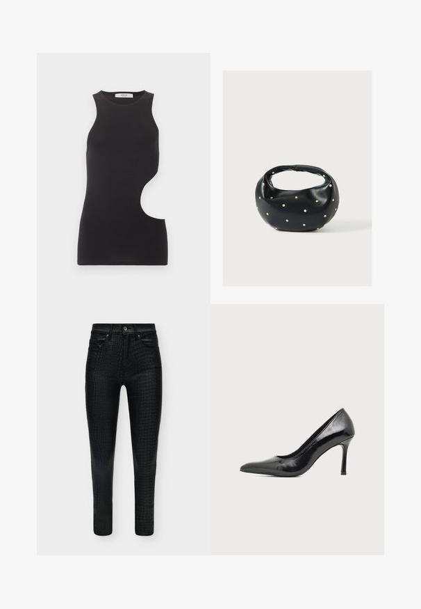 Haut noir sans manches avec col montant et découpe asymétrique du côté droit, design sans manches, tissu uni.; Pantalon skinny noir taille haute avec une subtile texture peau de crocodile, bouton à l'avant et poches.; Chaussure à talon haut pour femme en cuir verni noir avec bout pointu et talon fin sur fond clair uni.; Sac à main en cuir noir de forme arrondie, décoré de clous argentés et équipé d'une poignée courte. Texture lisse et fermeture éclair.