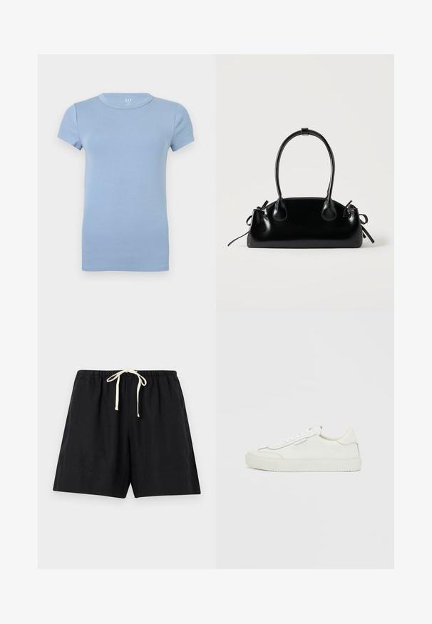 Camiseta de manga corta de cuello redondo en azul claro, diseño liso, mostrada extendida sobre un fondo blanco.; Pantalones cortos casuales negros con cintura elástica y cordón blanco, extendidos sobre un fondo gris claro.; Zapatilla deportiva blanca de corte bajo con bordes festoneados, cierre de cordones y suela plana de goma sobre un fondo blanco liso.; Pequeño bolso negro brillante con dos asas largas y detalles de cordón lateral sobre un fondo claro liso.