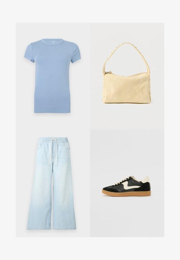 T-shirt bleu clair à manches courtes et col rond, design uni, présenté à plat sur un fond blanc.; Pantalon en jean bleu clair à jambes larges avec taille élastique et cordon blanc, doté de poches avant et d’un léger effet délavé.; Baskets en daim et cuir noir avec un swoosh latéral crème et un talon crème clair. Dotées de lacets beige et d'une semelle en caoutchouc gomme.; Petit sac à main en cuir beige avec une seule bandoulière et des clous argentés le long des bords et de la bandoulière, posé sur un fond uni.