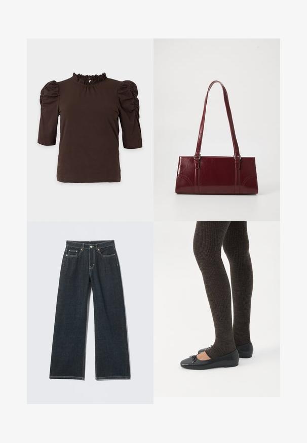 Donkerbruine top met korte mouwen, met geplooide pofmouwen en een geplooide hoge hals, weergegeven op een effen lichte achtergrond.; Donkerblauwe jeans met wijde pijpen, knoopsluiting aan de voorkant, rits, lussens voor riem en vijf zakken, tegen een lichte effen achtergrond.; Benen met donkere geribbelde leggings gecombineerd met zwarte ballerina's met kleine strikdetails op een witte achtergrond.; Bourgondische handtas van glanzend materiaal, rechthoekige vorm, met twee schouderbanden en subtiele gebogen accenten aan de voorkant.