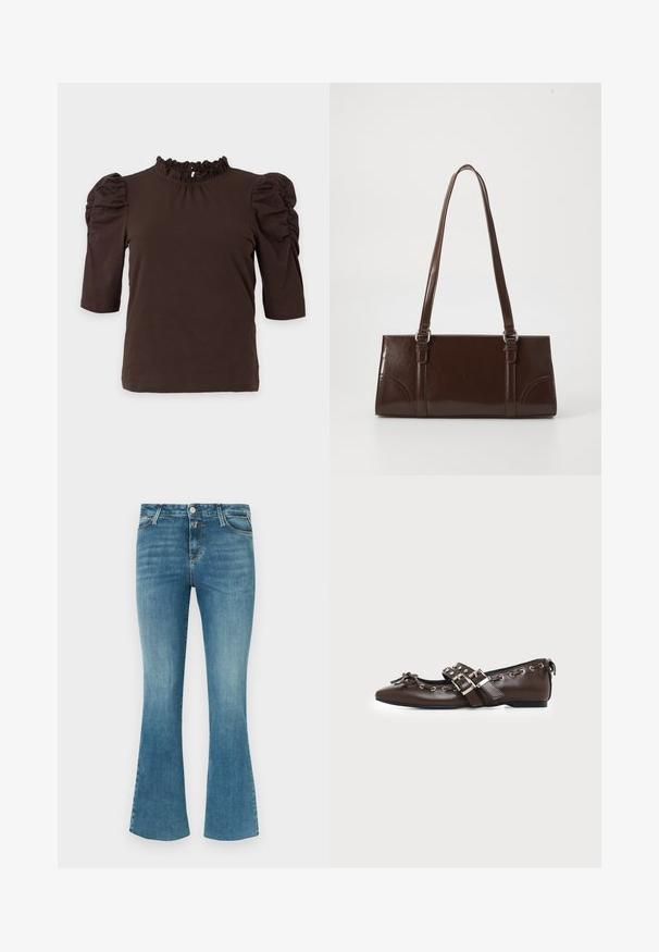 Haut marron foncé à manches courtes avec manches bouffantes froncées et col montant volanté, présenté sur un fond clair uni.; Jean en denim bleu clair évasé avec une texture lisse, taille mi-haute, cinq poches et surpiqûres contrastées. Comprend une fermeture à bouton et à glissière.; Chaussure plate en cuir marron foncé avec bout pointu, doubles brides à boucles argentées, œillets métalliques et nœud décoratif à l'avant.; Sac à main en cuir verni marron de forme rectangulaire, avec deux longues poignées et des accents courbés subtils à l'avant.