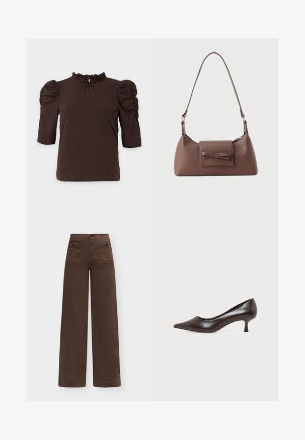 Haut marron foncé à manches courtes avec manches bouffantes froncées et col montant volanté, présenté sur un fond clair uni.; Pantalon marron taille haute à jambes larges avec deux poches avant à rabat sécurisées par des boutons sur un fond uni.; Escarpin en cuir marron foncé à bout pointu avec petit talon incurvé sur fond blanc.; Sac à bandoulière en cuir marron avec une poche à rabat avant ornée d'un détail en forme de nœud cousu et une sangle réglable.