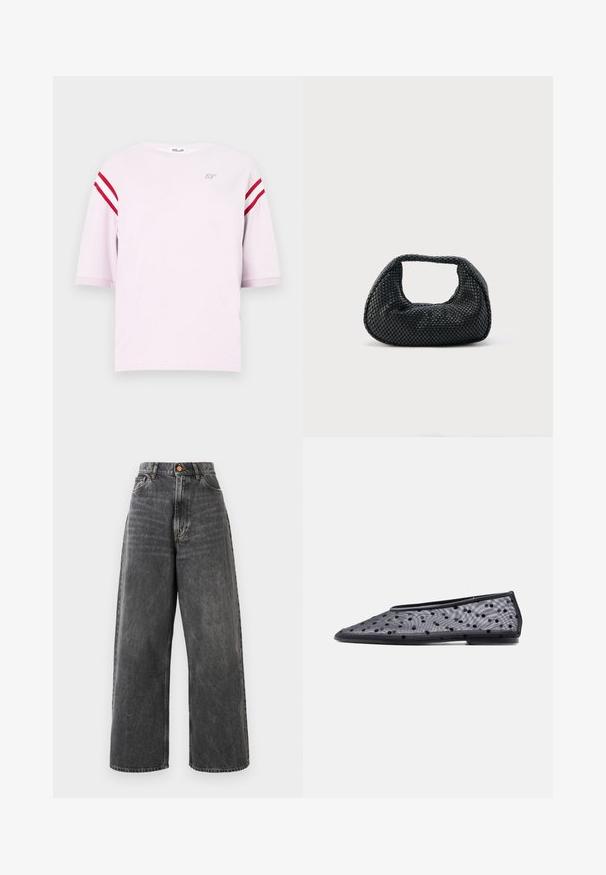 Lichtroze T-shirt met korte mouwen, met rode en witte dubbele strepen op de mouwen en een klein "BP"-logo op de bovenste borst.; Hoge taille spijkerbroek met wijde pijpen in vervaagd zwart denim, voorzien van voorzakken, riemlussen en een koperen knoopsluiting.; Zwarte platte schoen met puntige neus, doorschijnende stof en zwart polkadotpatroon op een lichte achtergrond.; Zwarte geweven hobo-tas met een zachte structuur en geïntegreerd handvat, weergegeven op een effen lichte achtergrond.