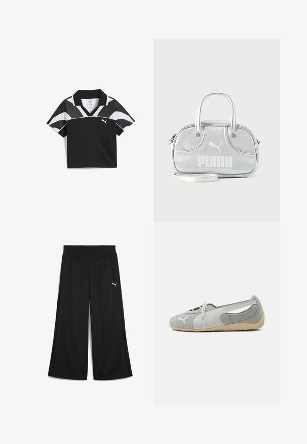 Polo shirt noir à manches courtes avec des accents blancs et un design à col en V. Fabriqué en matériau respirant, avec un petit logo sur la poitrine.; Pantalon de sport noir avec une taille élastique, boutons-pression sur les côtés et logo Puma blanc à l'avant. Fabriqué en tissu léger.; Chaussure plate en daim Puma gris clair avec logo blanc, lacets à l'avant, côtés découpés et semelle beige texturée, vue du côté extérieur.; Petit sac à main Puma argent métallisé avec deux poignées supérieures, une longue bandoulière, logo sur le devant et fermeture zippée sur fond uni clair.