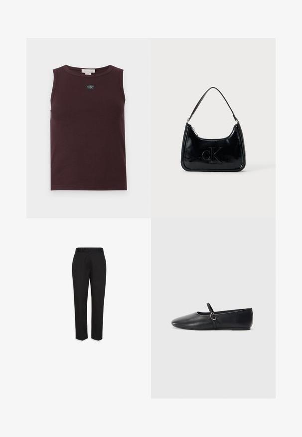 Top sin mangas de color burdeos en tejido acanalado, con un parche de logo negro, escote redondo y diseño ajustado. Textura suave y acabado limpio.; Pantalones de vestir negros a medida con trabillas para cinturón, piernas rectas y pliegues planchados, mostrados sobre un fondo blanco.; Bailarinas de cuero negro con punta afilada, suela plana y una pequeña correa con detalle de hebilla plateada.; Bolso de mano de piel sintética negra con un asa curvada en la parte superior, cierre de cremallera y logo "cK" en relieve en el frente. Textura suave, forma estructurada.