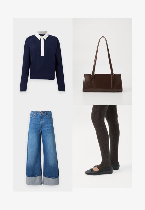 Pull-over marine à manches longues, avec un col blanc et une patte de boutonnage. Fabriqué en tissu doux, conçu pour un ajustement décontracté.; Jeans en denim à jambes larges de couleur bleu moyen. Présentent une taille haute, des ourlets retroussés en denim plus clair, et un design classique à cinq poches avec des accents en métal.; Jambes portant des leggings côtelés foncés associés à des ballerines noires avec de petits détails en nœud sur fond blanc.; Sac à main en cuir verni marron de forme rectangulaire, avec deux longues poignées et des accents courbés subtils à l'avant.