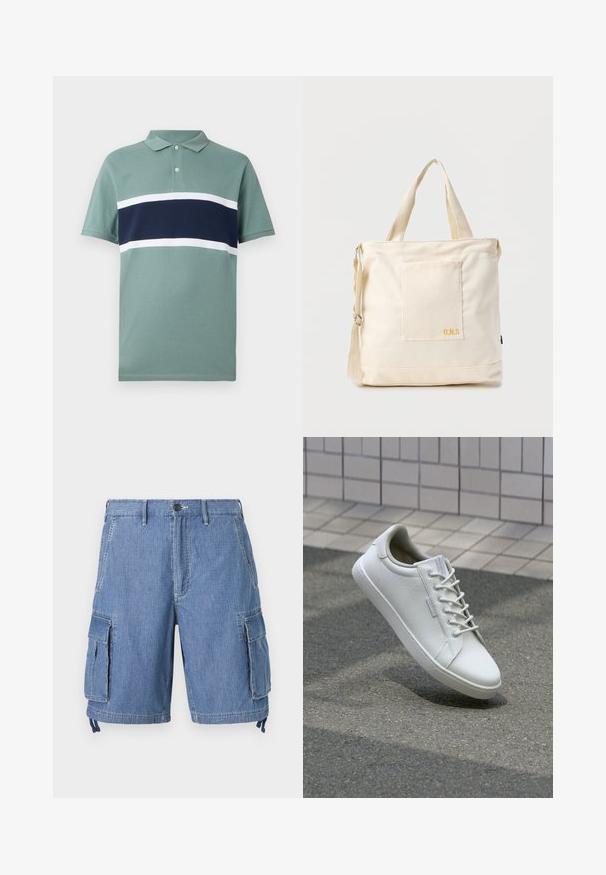 Kortærmet polo skjorte i afdæmpet grøn med marineblå og hvide vandrette striber på brystet og krave med to knapper.; Blå denim cargo shorts med knaplukning, to forlommer og to store sidelommer med klap. Inkluderer justerbare snore ved kanten.; Hvide sneakers lavet af tekstureret læder, med snørelukning, robust gummisål og minimalistisk design med forstærket tå.; Kremfarvet lærredstote-taske med frontlomme, to håndtag, justerbar skulderrem og lille gul "O.N.S" tekst i nederste højre hjørne af lommen.