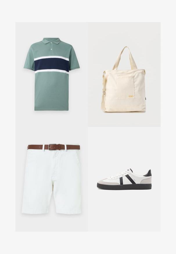 Polo à manches courtes en vert atténué avec des rayures horizontales bleu marine et blanches sur la poitrine et un col à deux boutons.; Shorts en coton blanc avec une ceinture en cuir marron et une boucle en acier. Fermeture à pression et zip, poches latérales et ourlets cousus.; Baskets blanches avec des accents noirs et gris, présentant un embout texturé gris, une semelle en caoutchouc noir et des lacets plats blancs. Design épuré, style minimaliste.; Sac fourre-tout en toile crème avec poche avant, deux poignées, bandoulière réglable et petit texte jaune "O.N.S" en bas à droite de la poche.