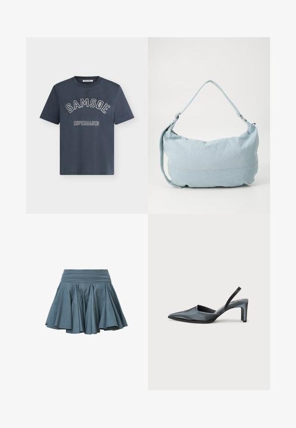 Marineblå T-shirt med korte ærmer med buet "SAMSOE" og "COPENHAGEN" trykt nedenunder på forsiden med hvide bogstaver.; AllSaints TULIP - A-snit nederdel - dark slate blue; Sort slingback-hæl med spids tå, slank satinfinish og en slank hæl på 3 tommer. Åben sidedesign med minimal syningsdetalje.; Lysblå denim skuldertaske i en rund form, justerbar rem og diskret syning langs den nederste kant. Blød tekstur.