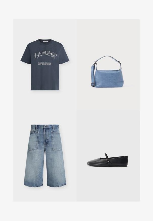 T-shirt bleu marine à manches courtes avec "SAMSOE" incurvé et "COPENHAGEN" imprimé en dessous sur le devant en lettres blanches.; Short en denim bleu clair taille haute, jambes larges, poches plaquées à l'avant, passants pour ceinture et fermeture à boutons.; Ballerines noires en cuir avec un bout pointu, une semelle plate et une petite sangle avec un détail de boucle en argent.; Sac à main bleu clair embossé façon crocodile avec une poignée courte et une bandoulière amovible. Texture lisse avec une fermeture éclair.
