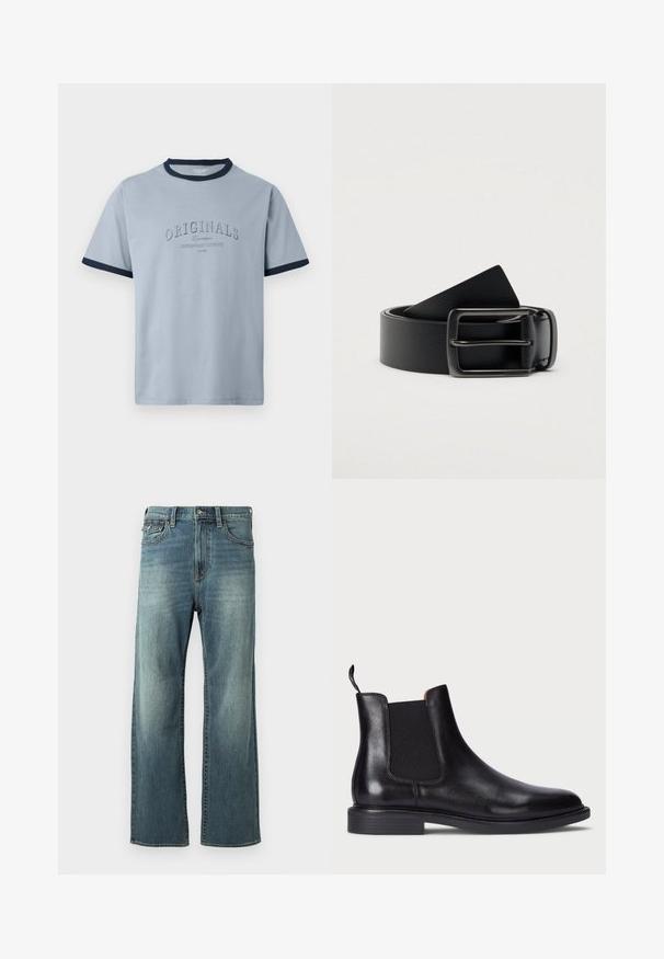 Hellblaues Baumwoll-T-Shirt mit marineblauem Rippenkragen und Ärmeln. Verziert mit erhabenem Text "ORIGINALS" und "CONTEMPORARY AESTHETICS" in einem dezenten Design.; Hellblaue Denim-Jeans mit geradem Bein, leichtem Ausbleichen, fünf Taschen und Gürtelschlaufen. Verfügt über gestickte Akzente und einen Knopfverschluss.; Schwarze Leder Chelsea-Stiefel mit elastischen Seitenteilen, strukturiertem Finish, abgerundeter Spitze und niedrigem, gestapeltem Absatz. Verfügt über eine Zuglasche für leichtes Anziehen.; Schwarzer Ledergürtel mit glatter Textur, ausgestattet mit einer rechteckigen Metallschnalle und einem eleganten, minimalistischen Design.