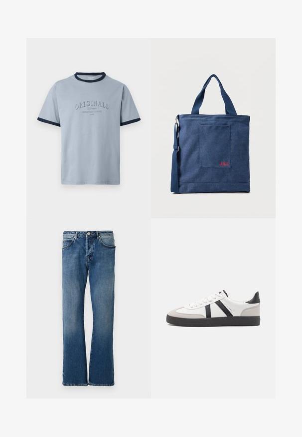 T-shirt en coton bleu clair avec col et manches côtelés bleu marine. Présente un texte en relief "ORIGINALS" et "CONTEMPORARY AESTHETICS" dans un design subtil.; Jean en denim bleu clair avec une coupe droite, comportant cinq poches, une fermeture à boutons, et un léger effet délavé sur le tissu.; Baskets blanches avec des accents noirs et gris, présentant un embout texturé gris, une semelle en caoutchouc noir et des lacets plats blancs. Design épuré, style minimaliste.; Sac fourre-tout en toile bleue avec poche frontale et broderie rouge "O.N.S", doté de doubles poignées et d'une bandoulière réglable.