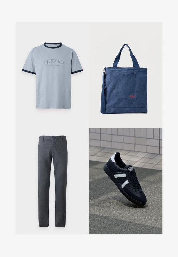 Lichtblauw katoenen T-shirt met een navy geribbelde kraag en mouwen. Heeft verhoogde tekst "ORIGINALS" en "CONTEMPORARY AESTHETICS" in een subtiel ontwerp.; Grijze, gestructureerde broek met een rechte pasvorm, voorzien van een tailleband met riemlussen, voorzakken en een enkele knoopsluiting.; Zwarte leren sneaker met witte strepen, een gestructureerde rubberen zool en vetersluiting aan de voorkant. Voorzien van een merklabel op de tong.; Blauwe canvas tas met voorvak en rode "O.N.S" borduring, voorzien van dubbele handvatten en een verstelbare schouderriem.