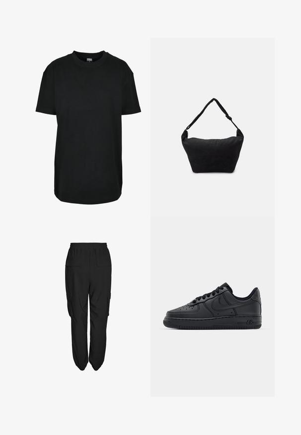 Zwart T-shirt met korte mouwen en ronde hals in maat XS met "Urban Classics" label aan de binnenkant van de kraag.; Zwarte cargo broek met een relaxte pasvorm, voorzien van een elastische tailleband, twee zijzakken en twee achterzakken. Lichtgewicht stof, gladde textuur.; Zwarte leren sneakers met geperforeerde neus, platte veters en rubberen zool. Voorzien van een klein logo aan de zijkant en gestructureerde details.; Zwarte stoffen schoudertas met een zachte, gestructureerde oppervlakte, ronde vorm en een enkele strap. Minimalistisch ontwerp zonder zichtbare hardware of accenten.