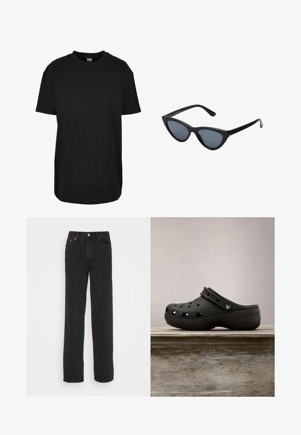 Μαύρο κοντομάνικο T-shirt με στρογγυλή λαιμόκοψη σε μέγεθος XS με ετικέτα "Urban Classics" μέσα στον γιακά.; Μαύρο τζιν με ίσια γραμμή και πέντε τσέπες, μπροστινό κουμπί και θηλάκια ζώνης, εκτεθειμένο σε λευκό φόντο.; Μαύρο καουτσούκ πέδιλο με αεραγωγούς, ανυψωμένη φτέρνα, λουράκι στη πλάτη και υφασμένη σόλα. Λείος τελείωμα με μινιμαλιστικό σχέδιο.; Μαύρα γυαλιά ηλίου cat-eye με σκούρους γκρίζους φακούς, κομψό πλαστικό σκελετό, μυτερές γωνίες και ίσιους βραχίονες. Χωρίς ορατό υλικό ή διακοσμητικά στοιχεία.