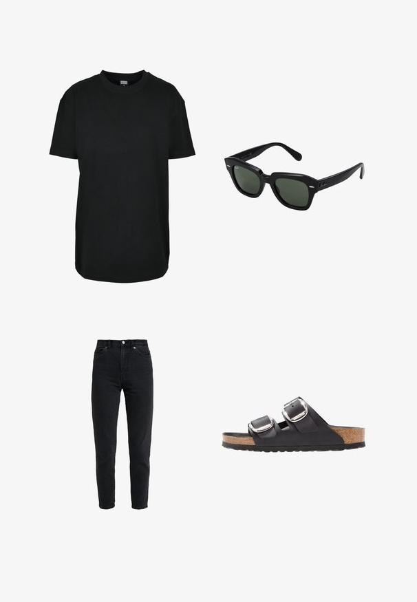 Sort kortærmet T-shirt med rund hals i størrelse XS med "Urban Classics" mærke inde i kraven.; High-waist sort denim jeans med forreste knap og lynlås, to forlommer og en tilspidset ben foran på en hvid baggrund.; Sort sandal med to justerbare remme, sølvspænder og en korksål på en struktureret sort gummisål.; Sorte firkantede solbriller med mørkegrønne linser, der har kraftige stel og sølvdetaljer på siderne. Fremstillet i Italien.